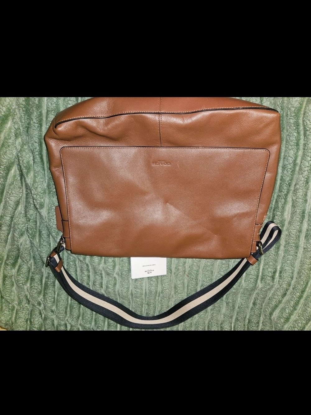 Coach Men's Tan Leather Messenger Bag with Striped Strap